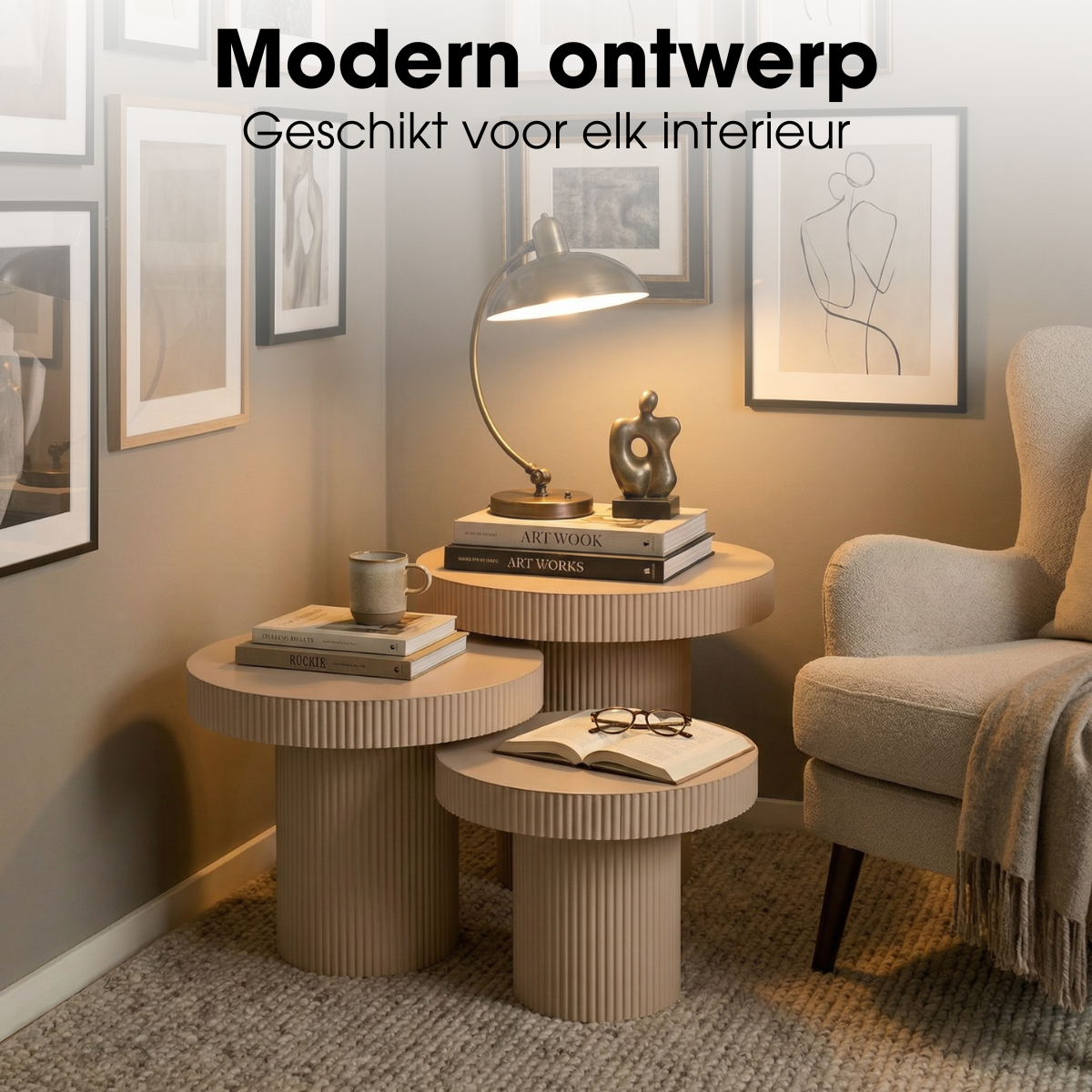 Ribbed Nesting Ronde Tafels - Set van 3 - Bruin