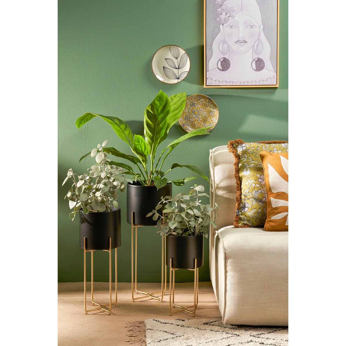 Aries Bloempot op Standaard Set van 3 Zwart Hoog