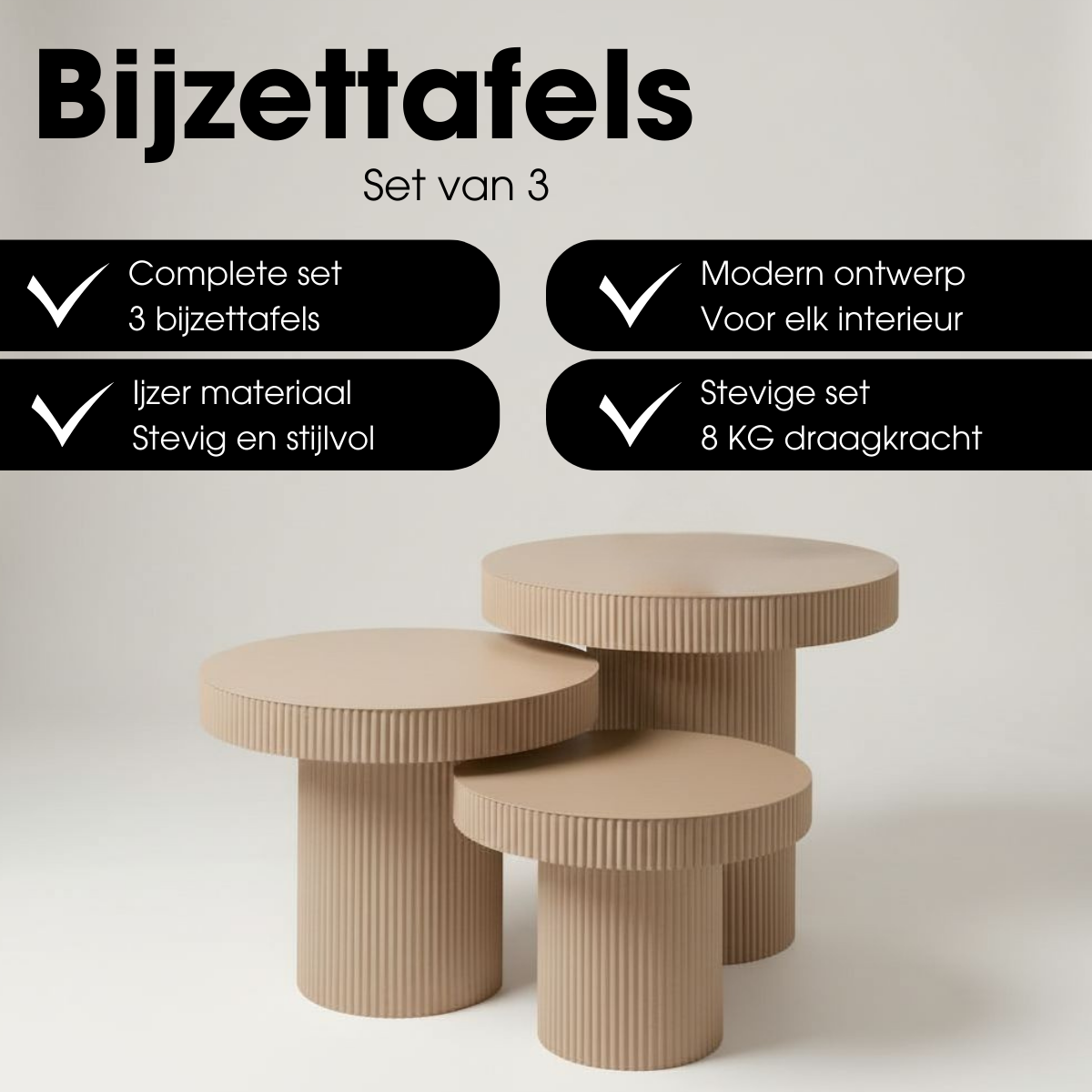 Ribbed Nesting Ronde Tafels - Set van 3 - Bruin